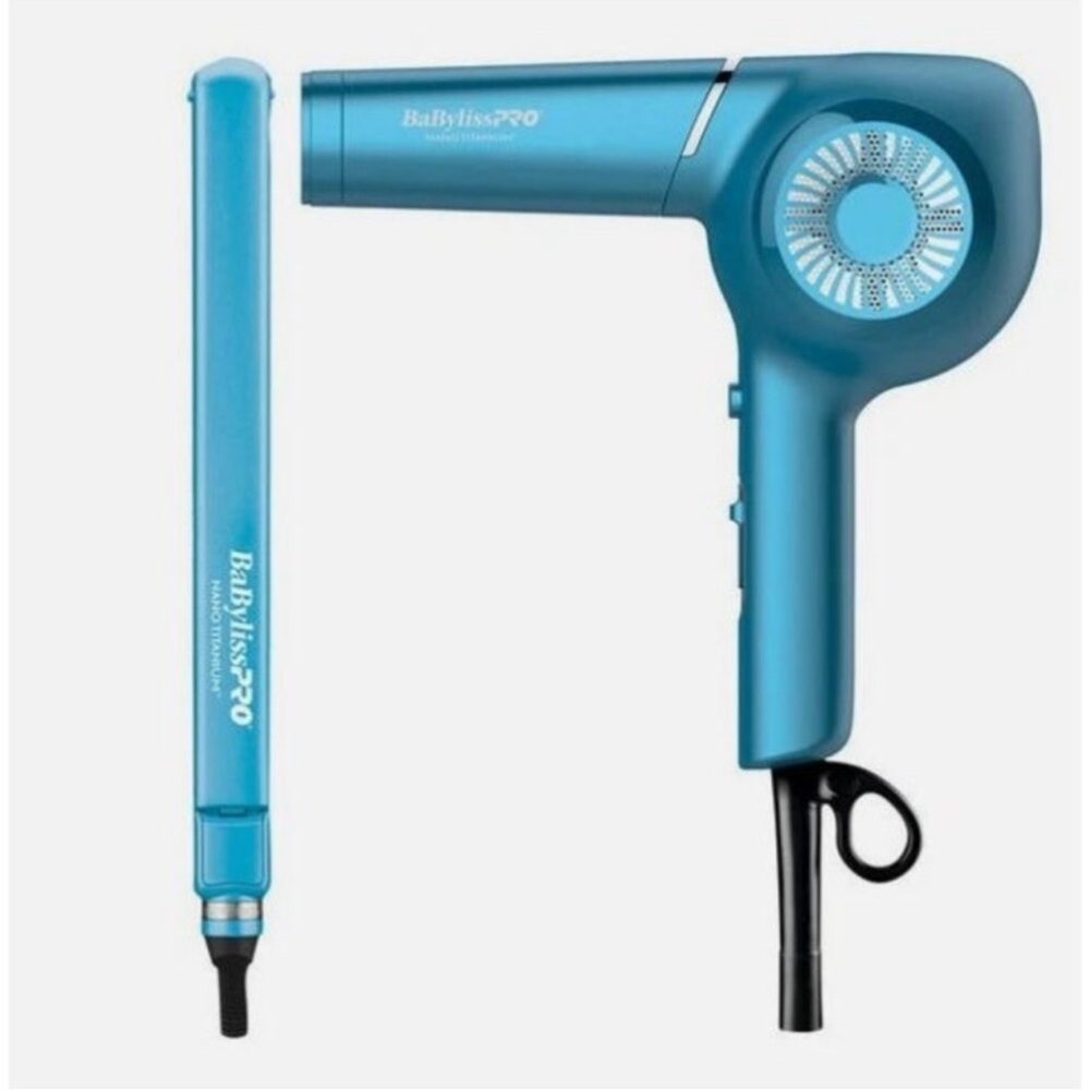 NIB BaBylissPRO Nano Titanium Blue Hairdryer and Flatiron set